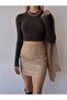 Beige, Faux Leather, Elastic Waist Tight Mini Skirt