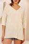 V-Neck Half-Quarter Sleeve Back Long Front Short Slit Loose Cut Seasonal Basic Loose Knitwear Sweater - 3