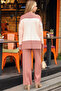 Half Turtleneck Stripe Detailed Color Blocked Sweater Elastic Waist Straight Leg Trousers Double Knitwear Set - 2