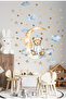Blue Teddy Bear with Sleepwear Hat in the Cloud Clouds Stars Kids Room Wall Sticker Set