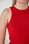 Red Zargo Model Fitted Wide Piping Halter Neck Ribbed Flexible Knitted Crop Blouse - 7