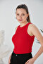 Red Zargo Model Fitted Wide Piping Halter Neck Ribbed Flexible Knitted Crop Blouse - 5