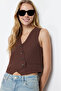 Kahverengi Crop Fitted Dokuma Keten Görünümlü Yelek TWOSS23YE00016 - 7