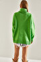 Women's Light Green Turtleneck Ripped Patterned Oversize Knitwear Sweater Stk163 - 5