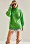 Women's Light Green Turtleneck Ripped Patterned Oversize Knitwear Sweater Stk163 - 2