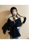 Black Shawl Scarf, Knitted Beanie and Cut-Out Gloves Set of 3 - Valentine's Day Gift