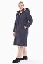 Women's Large Size Fur Lined Navy Blue Long Coat 1047 - 3