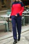 Half Turtleneck Stripe Detailed Color Blocked Sweater Elastic Waist Straight Leg Trousers Double Knitwear Set