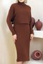 Thick Strap U Neck Sleeveless Ribbed Long Dress Neck Bat Sleeve Short Sweater Stretchy Double Knitwear Set - 3