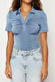 Blue Shiny Surface and Soft Textured Polo Collar Snap Fastener Knitted Bodysuit Twoss23Bd00059 - 6