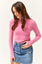 Women's Pink Turtleneck Finger Detailed Lycra Blouse BLZ-19001644 - 3