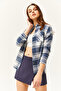 Women's Ecru Indigo Single Pocket Thick Plaid Lumberjack Shirt GML-19000736 - 5