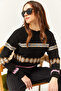 Women's Black Baklava Striped Soft Textured Sweatshirt KZK-19000790 - 3
