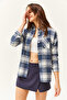 Women's Ecru Indigo Single Pocket Thick Plaid Lumberjack Shirt GML-19000736 - 3