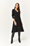 Women's Black Button Detail Double-Breasted Midi Flared Dress ELB-19002031 - 5