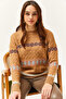 Women's Camel Baklava Striped Soft Textured Sweatshirt KZK-19000790 - 5