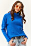 Woman's Sax Blue Degaje Collar Raised Loose Blouse BLZ-19002480 - 3