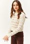 Women's Ecru Crew Neck Perforated Seasonal Knitwear Blouse BLZ-19002475 - 3