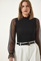 Women's Black Polka Dot Tulle Sleeved Knit Blouse DD01294 - 4