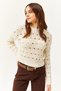 Women's Ecru Crew Neck Perforated Seasonal Knitwear Blouse BLZ-19002475 - 2