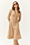 Women's Camel Button Detailed Double Breasted Midi Bell Dress ELB-19002031 - 4