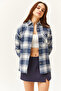 Women's Ecru Indigo Single Pocket Thick Plaid Lumberjack Shirt GML-19000736 - 2