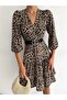 Women's Double Breasted Collar Patterned Camisole Dress with Belt (Color) - 4