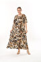 WOMEN'S LARGE SIZE BLACK BROWN YELLOW PATTERN SHORT SLEEVE LYCRAL DRESS - 6