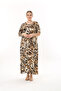 WOMEN'S LARGE SIZE BLACK BROWN YELLOW PATTERN SHORT SLEEVE LYCRAL DRESS - 8