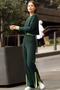 Round Neck Ribbed Striped Short Sweater Elastic Waist Slit Trousers Double Knitwear Set