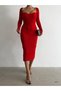 Women's Long Sleeve Heart Collar Slit Skirt Knitwear Dress Red - 3