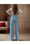 Ice Blue Cargo Pocket Lycra Snow Wash Palazzo Jean Wide Leg Jeans - 4