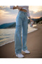 Ice Blue Cargo Pocket Lycra Snow Wash Palazzo Jean Wide Leg Jeans - 2