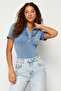 Blue Shiny Surface and Soft Textured Polo Collar Snap Fastener Knitted Bodysuit Twoss23Bd00059 - 2