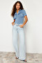 Blue Shiny Surface and Soft Textured Polo Collar Snap Fastener Knitted Bodysuit Twoss23Bd00059 - 3