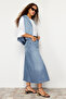 Mavi Volanlı Dikiş Detaylı Yüksek Bel Maxi Denim Etek TWOSS24ET00012 - 3