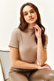 Women's Beige Baby Overlocked Knitted Blouse BLZ-19002472 - 4