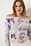 Women's Purple Boat Neck Patterned Viscose Knitted Blouse RX00047