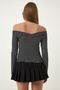Women's Black Asymmetrical Collar Striped Saran Knitted Blouse FF00153 - 5