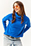 Woman's Sax Blue Degaje Collar Raised Loose Blouse BLZ-19002480 - 4