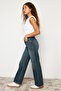 Koyu Mavi Soluk Efekt Vintage Yüksek Bel Wide Leg Geniş Paça %100 Pamuk Jeans TWOSS24JE00080 - 7