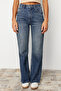 Koyu Mavi Paça Detaylı Yüksek Bel Wide Leg Jeans TWOSS24JE00149 - 4