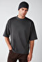 Ascolı Men's Oversize Fit Special Thick Textured Fabric High Collar Anthracite T-shirt