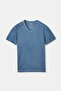 Blue V-Neck Cotton Acid Wash T-shirt