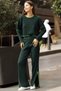 Round Neck Ribbed Striped Short Sweater Elastic Waist Slit Trousers Double Knitwear Set - 5