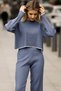 Round Neck Ribbed Striped Short Sweater Elastic Waist Slit Trousers Double Knitwear Set - 4