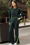 Round Neck Ribbed Striped Short Sweater Elastic Waist Slit Trousers Double Knitwear Set - 3