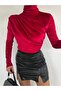 Women's Side Gathered Stand Collar Velvet Blouse Red - 4