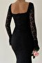 Black Laced and Tulle Sleeves Design Gathered Square Neck Midi Dress 209 - 3