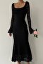 Black Laced and Tulle Sleeves Design Gathered Square Neck Midi Dress 209 - 2